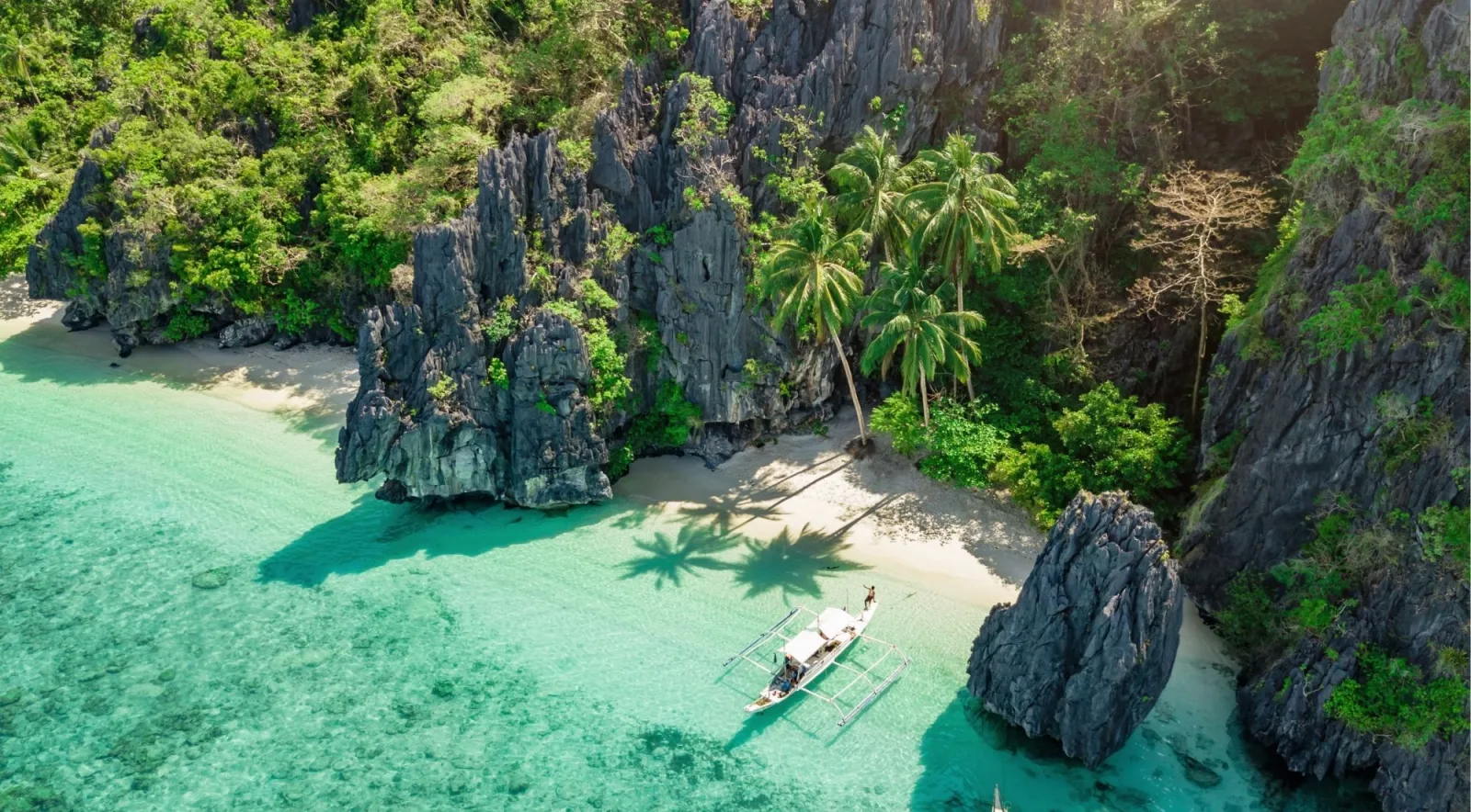 Aerial view of a hidden beach in El Nido with palm trees, white sand, and a banca anchored between dramatic karst cliffs
